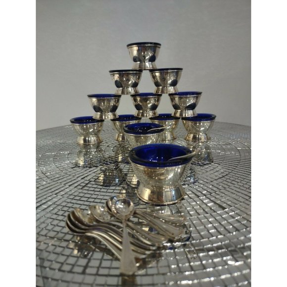 Hepplewhite Reed Barton Sterling Silver Salt Egg Bowls Vintage Rare Cobalt Blue